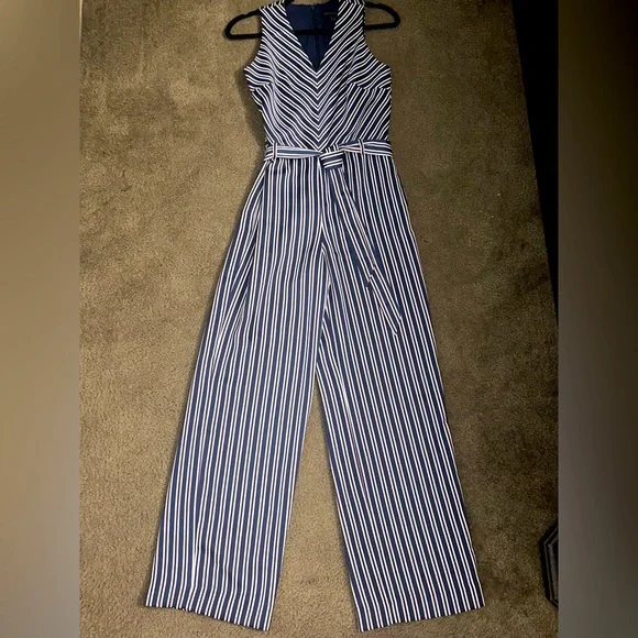 BANANA REPUBLIC - STRIPED V NECK SLEEVELESS JUMPSUIT - Picture 1 of 6